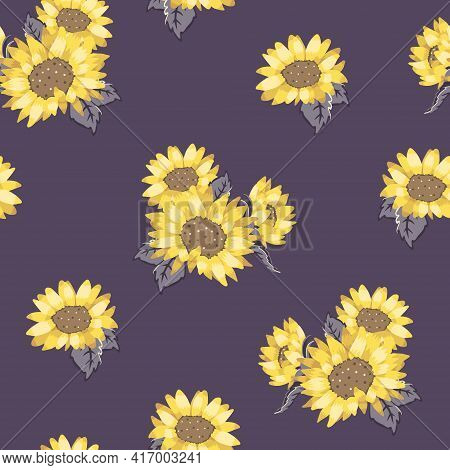 Vector Yellow Sunflower Bouquets On Purple Seamless Pattern Background. Perfect For Fabric, Scrapboo