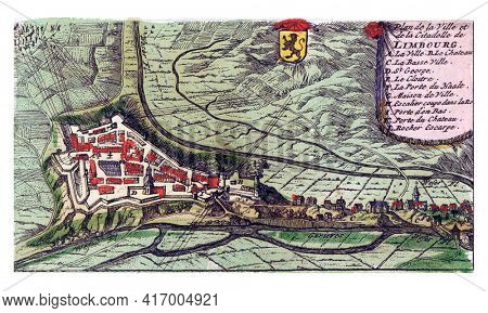 Bird's eye map showing the shooting of the city of Limbourg near Liege by the Allies, vintage engraving.