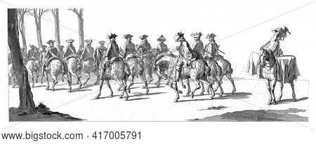 Dragoons and a drummer. In the margin the caption in Dutch, French and English, vintage engraving.