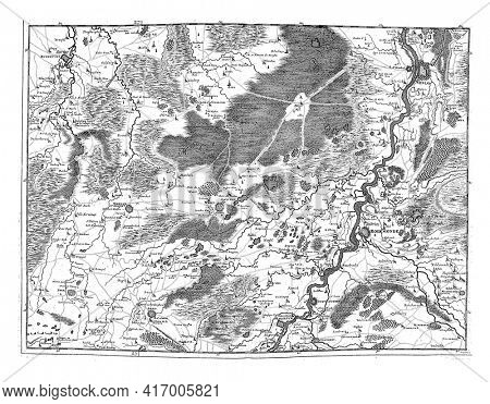 Map of the surroundings of Roermond and Venlo, vintage engraving.