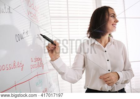 English Teacher Giving Lesson On Modal Verbs Near Whiteboard In Classroom