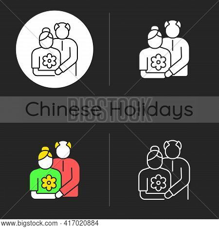 Old Couple Dark Theme Icon. Honor Senior Citizens Day. Double Ninth Festival. Organizing Outings For