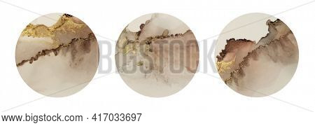 Art Abstract  watercolor flow circle blot painting. Color brown and gold marble horozontal texture background. Alcohol ink. Collection.