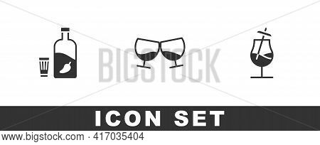 Set Vodka With Pepper And Glass, Glass Of Cognac Or Brandy And Cocktail Icon. Vector