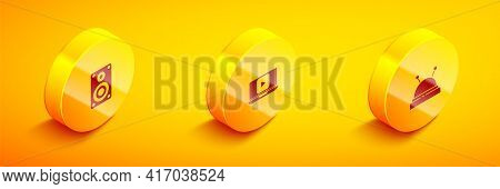 Set Isometric Stereo Speaker, Online Play Video And Needle Bed And Needles Icon. Vector