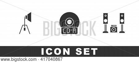 Set Movie Spotlight, Cd Or Dvd Disk And Home Stereo With Two Speakers Icon. Vector