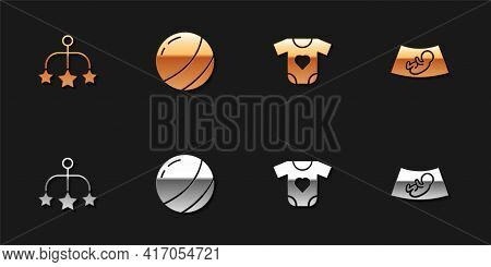 Set Baby Crib Hanging Toys, Beach Ball, Clothes And Ultrasound Of Baby Icon. Vector