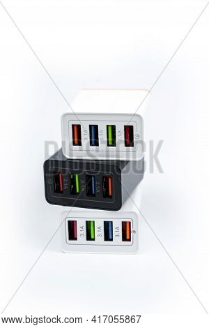 Adapter Charger With Multiport Usb Ports Isolated On White Background