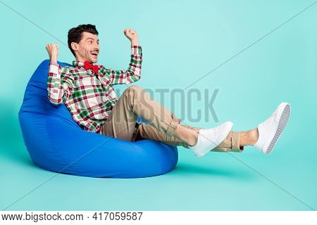 Profile Photo Of Guy Sit Bag Raise Hands Look Empty Space Wear Plaid Shirt Tie Pants Shoes Isolated 