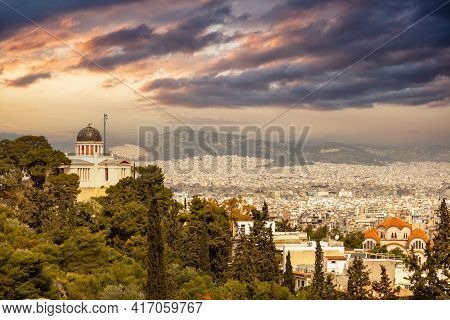 Athens, Greece. National Observatory View From Plaka Streets.