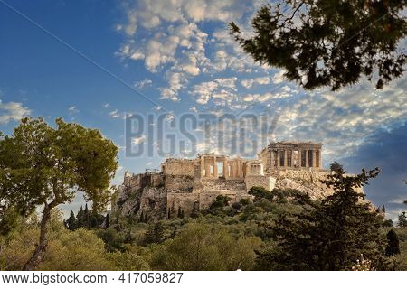 Athens, Greece, Acropolis Hill, Blue Cloudy Sky Background