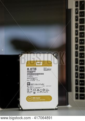 Paris, France - Jul 28, 2017: Front View Of Western Digital 8tb Terabyte Datacenter Gold Hard Disk D