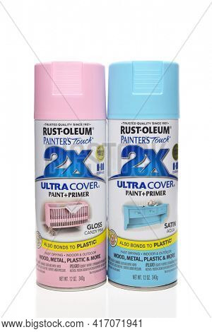 IRVINE, CALIFORNIA - APRIL 5, 2018: Two cans of Rust-Oleum spray paint. Rust-Oleum is a manufacturer of protective paints and coatings for home and industrial use.