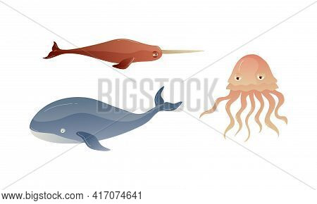Ocean Underwater Animals With Floating Swordfish And Jellyfish Vector Set