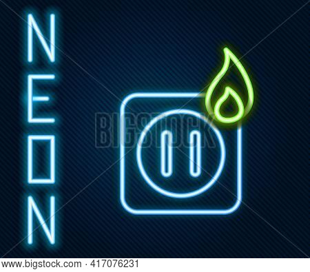 Glowing Neon Line Electric Wiring Of Socket In Fire Icon Isolated On Black Background. Electrical Sa