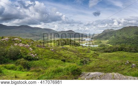 Irish Iconic Viewpoint, Ladies View And Lakes Of Killarney. Valley And Rocky Mountains With Dramatic