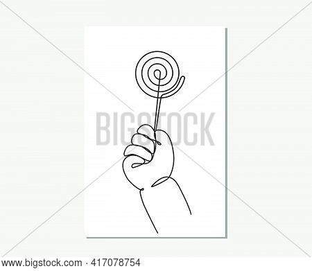 Continuous Line Drawing Of Kid's Hand Holding Lollipop Candy.