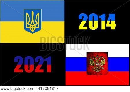 Ukraine National Flag Of With Lesser Coat Of Arms. Russian Federation National Flag With Coat Of Arm