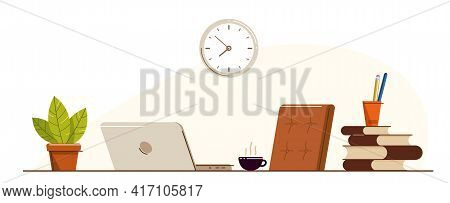 Education Or Intellectual Work Concept Work Desk With Books Vector Flat Illustration Isolated, Study