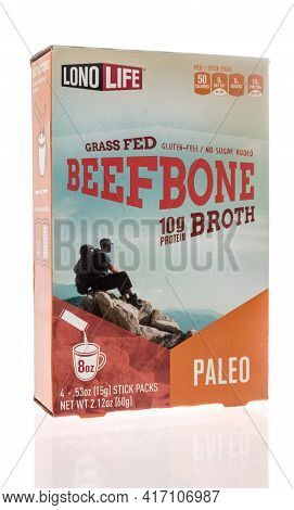 Winneconne, Wi - 15 April 2021:  A Package Of Lono Life Grass Fed Beef Bone Broth On An Isolated Bac