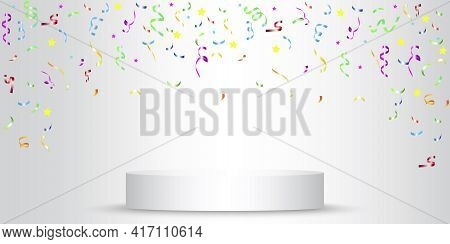3d Podium Confetti For Concept Design. Win Prize. Round Podium. Stock Image. Vector Illustration. Ep