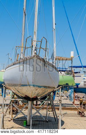 Sailboat On Metal Boat Rack At Jeongok Marina In Pyeontaek, South Korea.