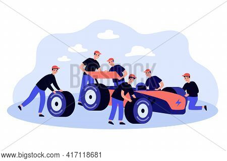 Maintenance Team Repairing Car On Pit Stop. Mechanics In Uniform Fixing Vehicle Flat Vector Illustra