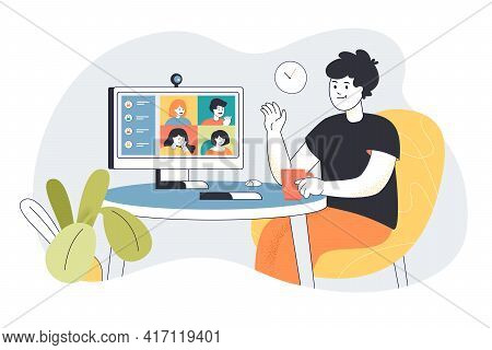 Man Having Videoconference With Colleagues Or Friends. Group Virtual Meeting Flat Vector Illustratio