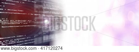 Computer code processing against black and pink background, program coding and concept. digitally generated image.