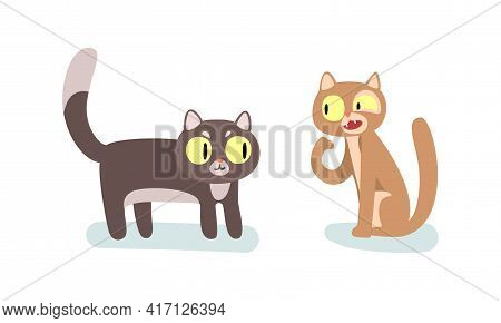 Comic Cat As Four-footed Domestic Pet Animal Sitting And Standing Vector Set