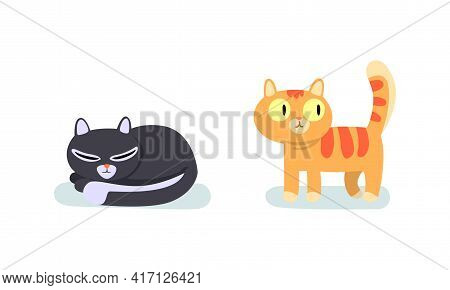 Comic Cat As Four-footed Domestic Pet Animal Curling Up And Standing Vector Set