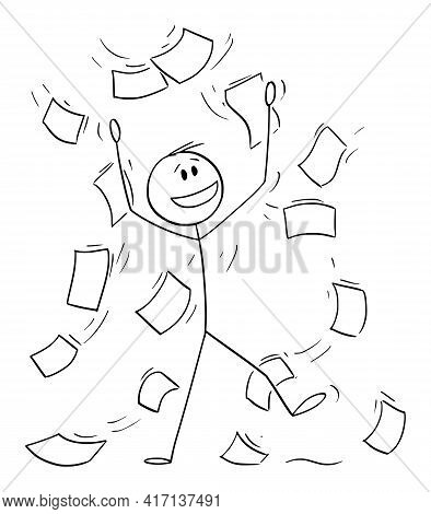 Office Working Celebrating With Falling Papers Or Documents, Vector Cartoon Stick Figure Illustratio