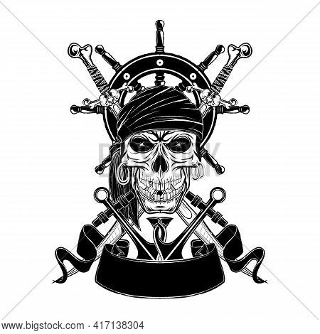 Vector Illustration Of A Pirate Skull In A Bandana. Crossed Sabres, Steering Wheel And Two Anchors. 