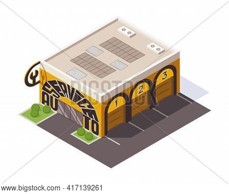 Isometric Auto Service. Car Service Top View Concept. Repair Service Template With Garage Doors. Mod