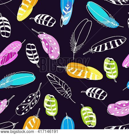Feathers Seamless Pattern. Hand Drawn Color Vector Illustration. Boho Style. Sketch Isolated On Dark