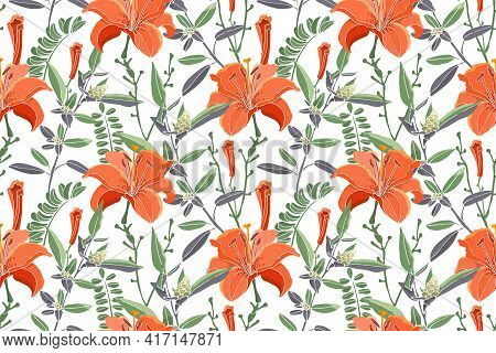 Vector Seamless Floral Pattern. Orange Color Lilies, Daylilies, Green Wormwood, Quinoa.