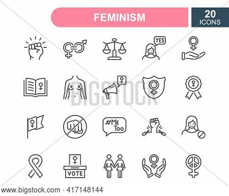 Feminism Line Icons Set. Empowerment Girl, Gender Equality, Rights Of Women, Girl Power, Sex Discrim