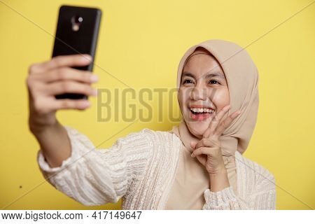 Woman Muslim Wearing Hijab Happy Selfie With Phone