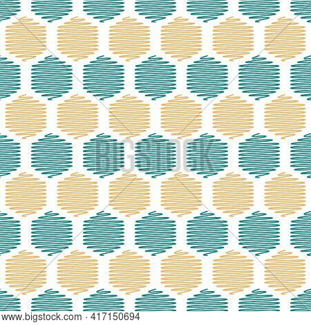 Scribbled Yellow Teal Hexagons Seamless Pattern On White Background. Vector Geometric Texture.