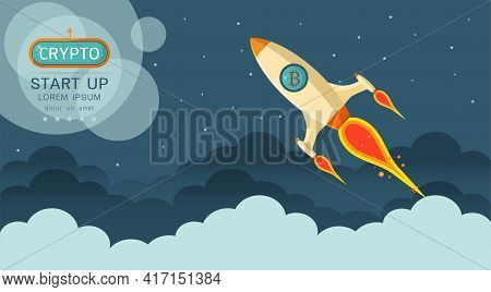 Rocket Flying Over Clouds With Bitcoin In The Space Logo Icon  In Flat Style With Copy Space. Busine