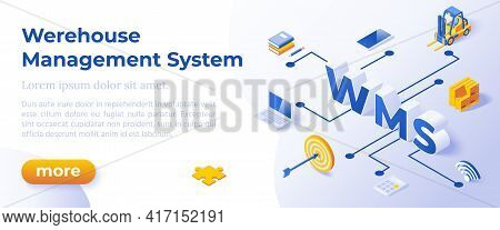 Wms, Werehouse Management System - Isometric Design In Trendy Colors Isometrical Icons On Blue Backg