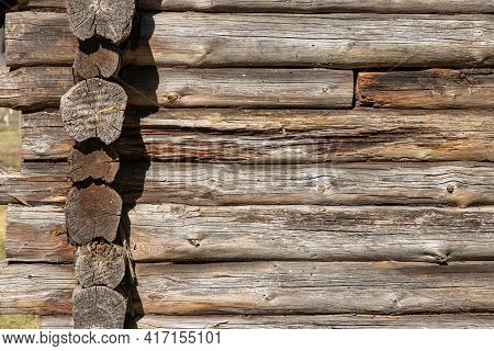 The Wall Of An Old Wooden House Built From Round Pine Logs. The Logs Are Rotten And Crumbling.
