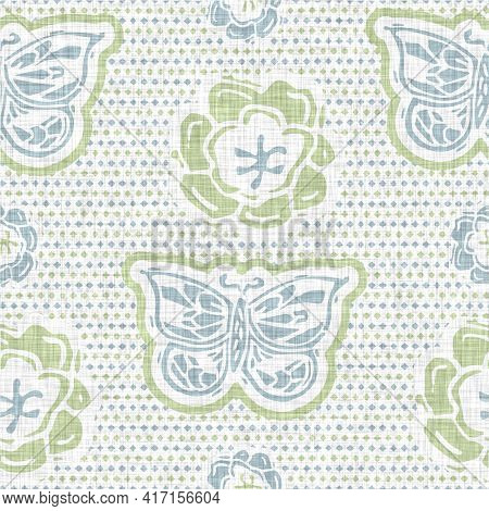 Seamless Linen Butterfly Blockprint Pattern Background. Calm Pale Tonal Pastel Color Wallpaper. Simp