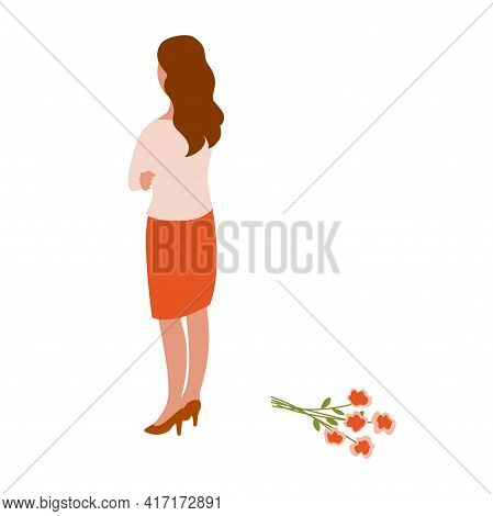 The Girl Threw A Bouquet Of Roses And Turned Her Back. Refused The Offer Of Love. Vector Isolated Il
