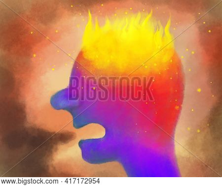 Hand-drawn Profile Of A Man. Anger And Rage, Irritation, Fury. A Head Burning Like A Planet, A Cry O