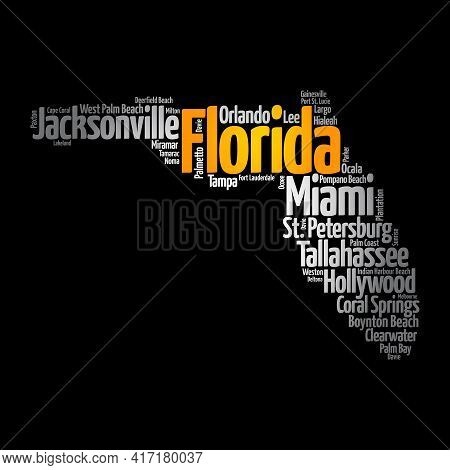 List Of Cities In Florida Usa State, Map Silhouette Word Cloud Map Concept