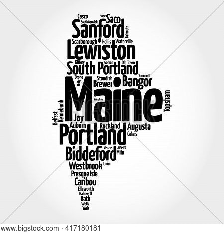 List Of Cities And Towns In Maine Usa State, Map Silhouette Word Cloud Map Concept Background