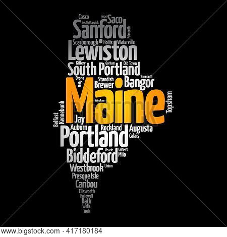 List Of Cities And Towns In Maine Usa State, Map Silhouette Word Cloud Map Concept Background