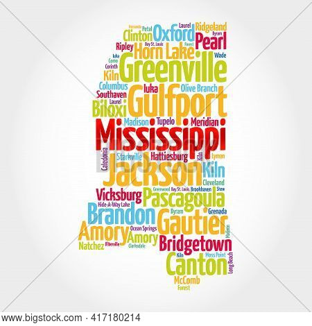 List Of Cities In Mississippi Usa State, Map Silhouette Word Cloud Map Concept Background