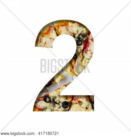 Fonts On Pizza Texture. Digit Two, 2, Cut Out Of Paper On A Background Of Real Pizza. Volumetric Whi